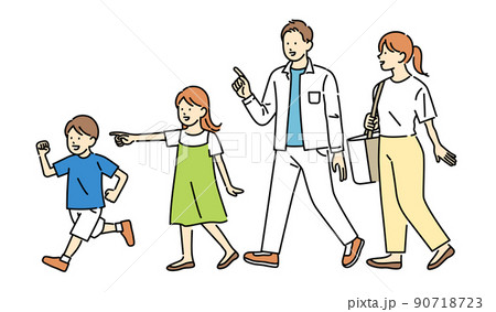 家族で外出するイラスト素材:元気なこどもたちとそれを見守る若い夫婦 家族で外出するイラスト素材:元気なこどもたちとそれを見守る若い夫婦 90718723