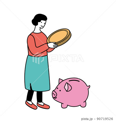 お金を貯金箱に入れる女性のシンプルなイラストのイラスト素材
