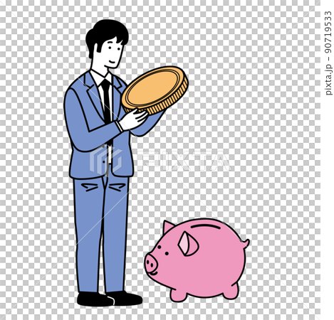 一個男人把錢存入存錢罐的簡單插圖 一個男人把錢存入存錢罐的簡單插圖 90719533