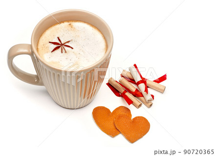 Cup of coffee with spices, romantic notes with wishes and two hearts Cup of coffee with spices, romantic notes with wishes and two hearts 90720365