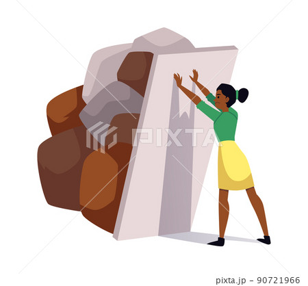 Confident young woman holding door from pile of huge stones flat style 90721966