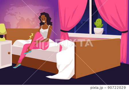Woman suffering from pain in leg during sleep, flat vector illustration. 90722029
