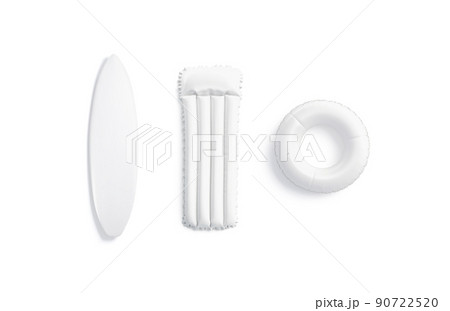 Blank white surfboard, swim mattress and ring mockup, isolated Blank white surfboard, swim mattress and ring mockup, isolated 90722520