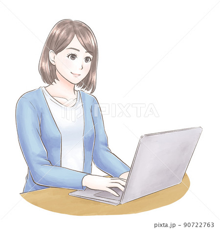 ノートパソコンを操作するカーディガンの女性　水彩風　 90722763