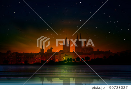 abstract background with red sunset and panorama of old Cologne 90723027