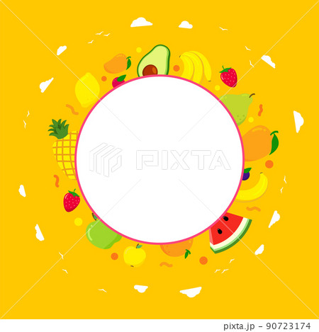 circle frame with fresh Fruit. bright colors fruits are pineapple, mango, watermelon, banana, circle frame with fresh Fruit. bright colors fruits are pineapple, mango, watermelon, banana, 90723174