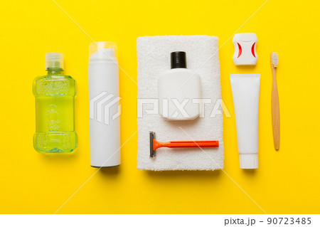 Mockup for bathing products top view flat lay, spa razor, toothpaste, soap, gel and other various accessories. Cosmetics for skin health. Bath Mockup for your logo Mockup for bathing products top view flat lay, spa razor, toothpaste, soap, gel and other various accessories. Cosmetics for skin health. Bath Mockup for your logo 90723485