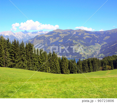 Alps mountains in Tirol, Austria. Aerial view of idyllic mountain scenery in Alps with green grass and fur-trees on sunny day 90723806