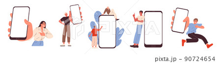 People with smartphones, empty screen advertisement mobile phone, mobile app. 90724654