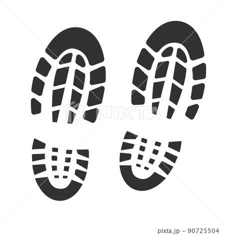 Footstep black silhouette, bootprint isolated on white background. Grunge track, symbol cartoon style. Footstep black silhouette, bootprint isolated on white background. Grunge track, symbol cartoon style. 90725504