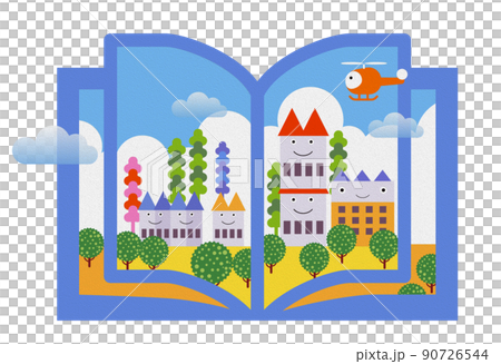 油性壓花。書籍和蛋糕之城。美麗的城市景觀和生活風景。人們可以明亮地生活和住房融為一體的自然 90726544