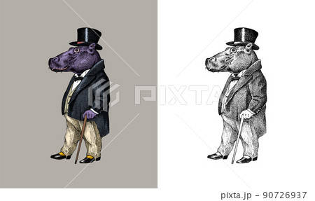 Fashionable hippopotamus. Antique gentleman in a jacket and a top hat. Victorian Ancient Retro Fashionable hippopotamus. Antique gentleman in a jacket and a top hat. Victorian Ancient Retro 90726937