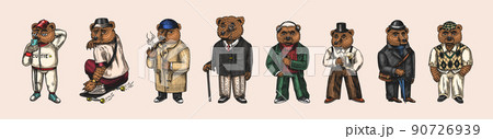 Bear in vintage costume with beer. Fashion animal character in tweed jacket. Hand drawn sketch Bear in vintage costume with beer. Fashion animal character in tweed jacket. Hand drawn sketch 90726939