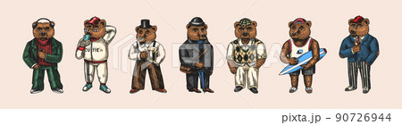 Bear in vintage costume with beer. Fashion animal character in tweed jacket. Hand drawn sketch Bear in vintage costume with beer. Fashion animal character in tweed jacket. Hand drawn sketch 90726944