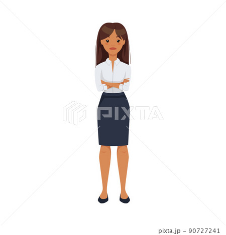 Office Woman Character Wearing White Blouse and Skirt in Standing Pose with Folded Arms Vector Illustration Office Woman Character Wearing White Blouse and Skirt in Standing Pose with Folded Arms Vector Illustration 90727241