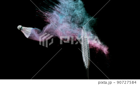 Freeze motion of badminton racket hitting the ball Freeze motion of badminton racket hitting the ball 90727584