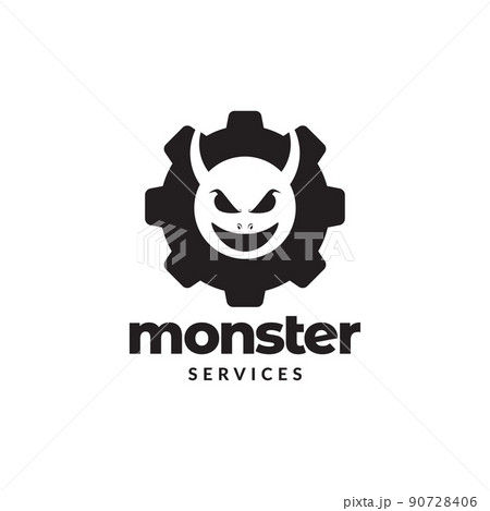 evil monster head with gear service logo design vector graphic symbol icon illustration creative idea 90728406