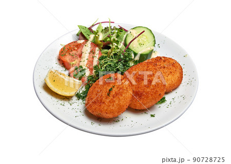 White plate with three Cheese croquettes ans salad Isolated White plate with three Cheese croquettes ans salad Isolated 90728725