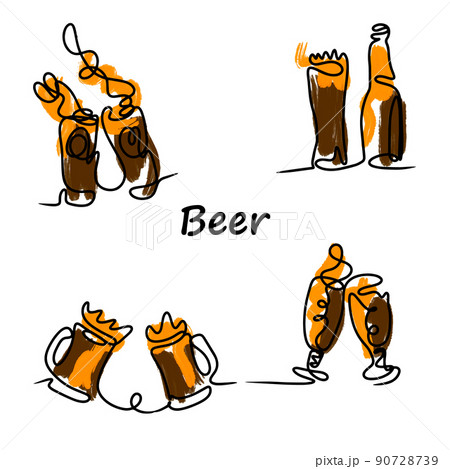 Beer set, line drawing, brown color, beer glasses and cups Beer set, line drawing, brown color, beer glasses and cups 90728739