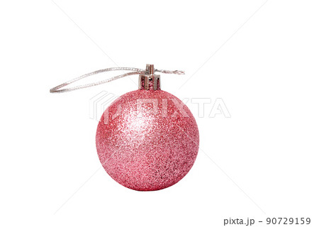 New Year concept. Toy with glitter layer pink on Christmas tree isolate on white. New Year concept. Toy with glitter layer pink on Christmas tree isolate on white. 90729159