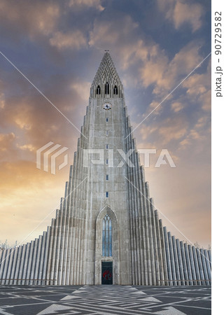Beautiful Hallgrimskirkja church in Reykjaivk city against sky during sunset Beautiful Hallgrimskirkja church in Reykjaivk city against sky during sunset 90729582