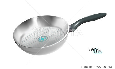Realistic empty metal frying pan with plastic black handle isolated. Vector illustration Eps10. Realistic empty metal frying pan with plastic black handle isolated. Vector illustration Eps10. 90730148