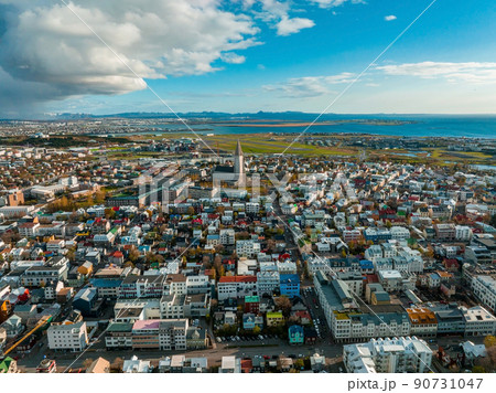 Beautiful aerial view of Reykjavik, Iceland. Sunny day Beautiful aerial view of Reykjavik, Iceland. Sunny day 90731047