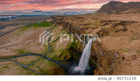 Aerial view of the Seljalandsfoss - located in the South Region in Iceland 90731230