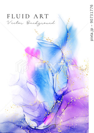 Violet cyan blue liquid watercolor background with golden stains. Purple teal turquoise marble alcohol ink drawing effect. Vector illustration design template for wedding invitation, menu, rsvp 90731776
