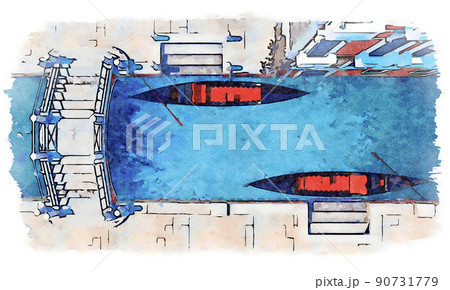 Top view Venice bridge and gondolas watercolor sketch 90731779