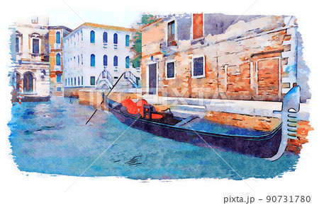Gondola on water canal in Venice watercolor sketch Gondola on water canal in Venice watercolor sketch 90731780