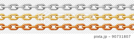 Realistic seamless golden, silver and bronze chains on checkered background. Metal chain with shiny gold plated links. Vector illustration. Realistic seamless golden, silver and bronze chains on checkered background. Metal chain with shiny gold plated links. Vector illustration. 90731807
