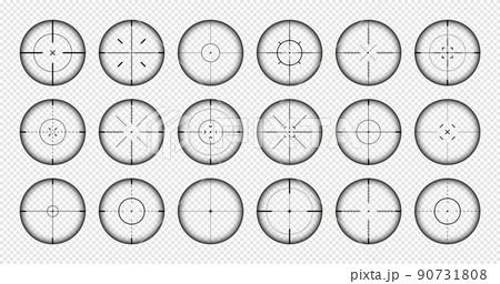 Various weapon sights, sniper rifle optical scopes. Hunting gun viewfinder with crosshair. Aim, shooting mark symbol. Military target sign, silhouette. Game interface UI element. Vector illustration Various weapon sights, sniper rifle optical scopes. Hunting gun viewfinder with crosshair. Aim, shooting mark symbol. Military target sign, silhouette. Game interface UI element. Vector illustration 90731808