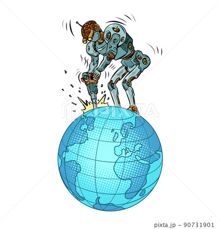 A robot with a jackhammer extracts natural resources from the planet earth. Global Economy, Global Business A robot with a jackhammer extracts natural resources from the planet earth. Global Economy, Global Business 90731901