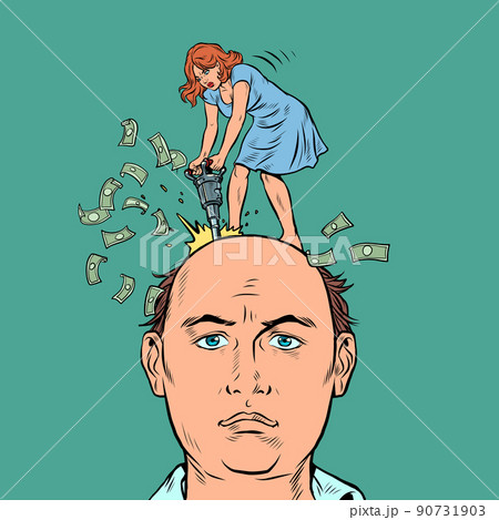 a man and a woman are getting divorced, the divorce process is a concept, a woman with a jackhammer on her head 90731903