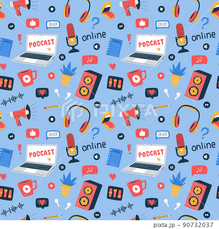 Seamless pattern with colored doodle elements for online show,podcast, radio. Hand drawn laptop, headphones, loudspeaker, female mouth, potted plant, earphones. Flat illustration on light blue. Seamless pattern with colored doodle elements for online show,podcast, radio. Hand drawn laptop, headphones, loudspeaker, female mouth, potted plant, earphones. Flat illustration on light blue. 90732037