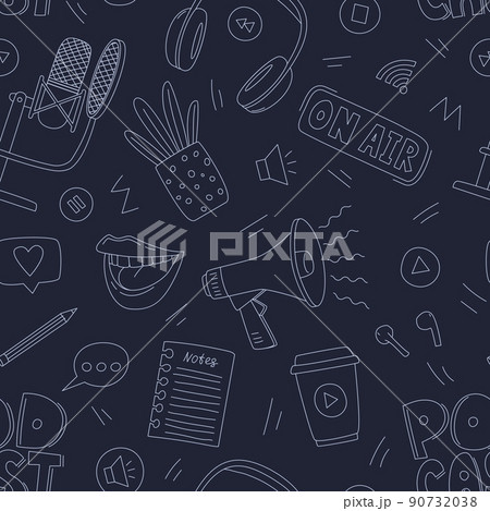 Seamless pattern with doodle elements for online show, podcast, radio. Outline hand drawn microphone, headphone, female mouth, potted flower. Black and white illustration on a dark blue background. 90732038