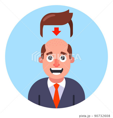 a bald man tries on a wig to hide his baldness. 90732608
