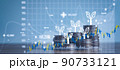 Close up of stacking of growth up coins with Double exposure of chart graph financial with night bokeh background for finance and business ,capital banking and investment,coin stock market concept. 90733121