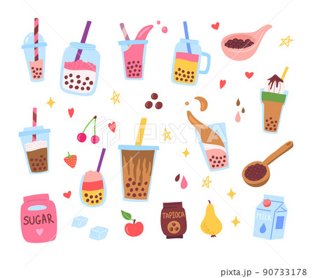 Cartoon Color Bubble Tea Icon Set Flat Design Style Asian Summer Fresh Drink with Tapioca Concept. Vector illustration Cartoon Color Bubble Tea Icon Set Flat Design Style Asian Summer Fresh Drink with Tapioca Concept. Vector illustration 90733178
