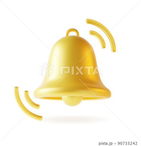 3d Gold Notification Bell Icon Plasticine Cartoon Style Social Media Concept. Vector illustration of Golden Alert Bell 90733242