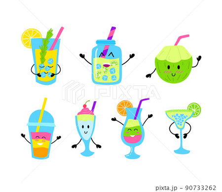 Cartoon Color Summer Drinks Characters Icons Set Flat Design Style . Vector illustration of Cute Beverage Mascot Icon Cartoon Color Summer Drinks Characters Icons Set Flat Design Style . Vector illustration of Cute Beverage Mascot Icon 90733262
