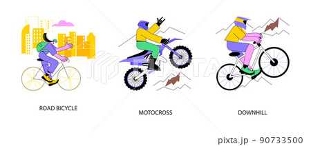Active lifestyle abstract concept vector illustration set. Road bicycle, motocross and downhill, enduro dirt bike, mountain freeride, fast track, extreme sport, urban transport abstract metaphor. 90733500