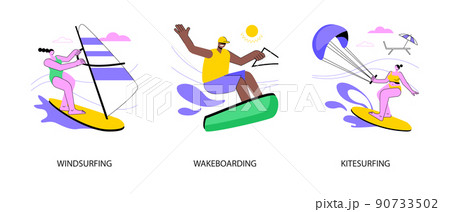 Extreme water fun abstract concept vector illustration set. Windsurfing and wakeboarding, kitesurfing flying adventure, wind speed, ocean wave, beach holiday, boat cable, freestyle abstract metaphor. 90733502