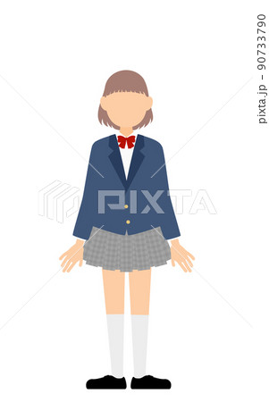 女子生徒、ブレザーの制服、両手を下ろして棒立ちする 女子生徒、ブレザーの制服、両手を下ろして棒立ちする 90733790
