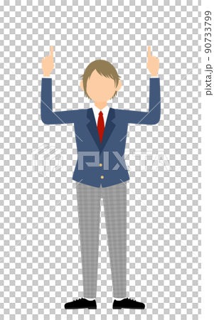 Genderless student, blazer uniform, pointing up with both hands 90733799