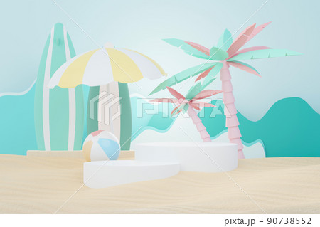 3d render Summer sale podium stand for showing product. Beach Vacations Scene in Summer for mock up. 90738552