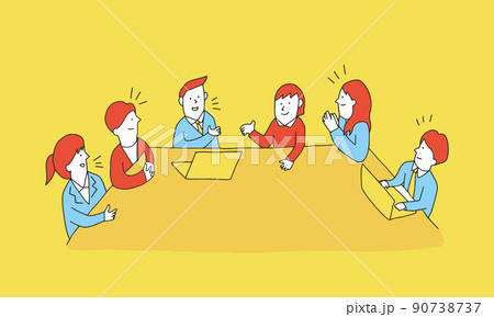 テーブルでディスカッションするビジネスチームのイラスト ミーティング、会議、ブレスト、打ち合わせ テーブルでディスカッションするビジネスチームのイラスト ミーティング、会議、ブレスト、打ち合わせ 90738737