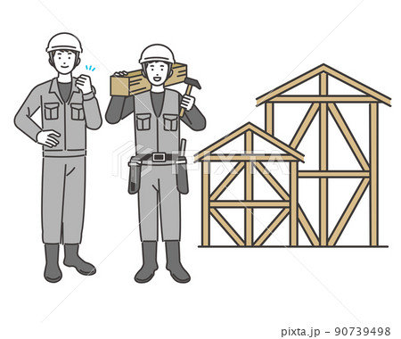 大工や作業員と一軒家の足場のベクターイラスト素材／アイコン／家／マイホーム 90739498