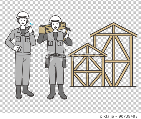 大工や作業員と一軒家の足場のベクターイラスト素材／アイコン／家／マイホーム 90739498